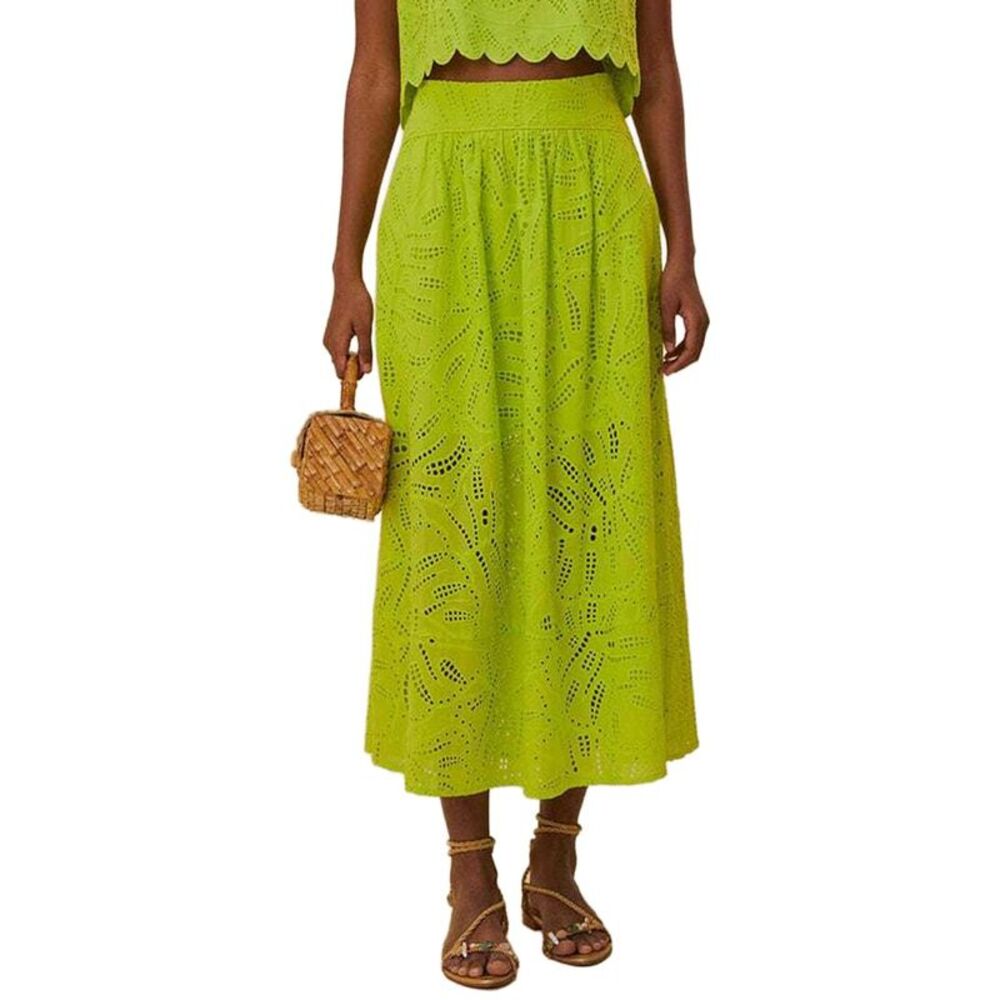 Farm Rio Womens Monstera Eyelet Green Maxi Skirt